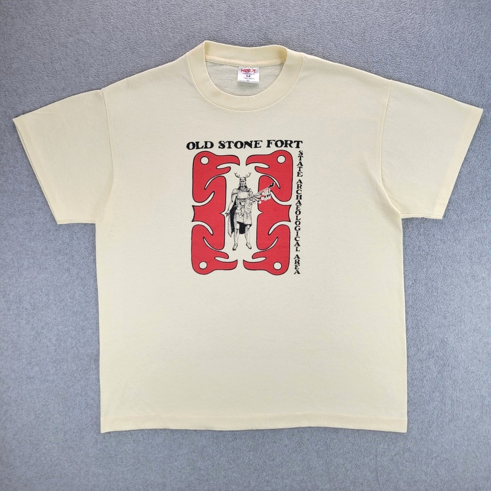 Tee Jays Old Stone Fort Graphic T-Shirt Mens XL Cream Vintage Single Stitch USA